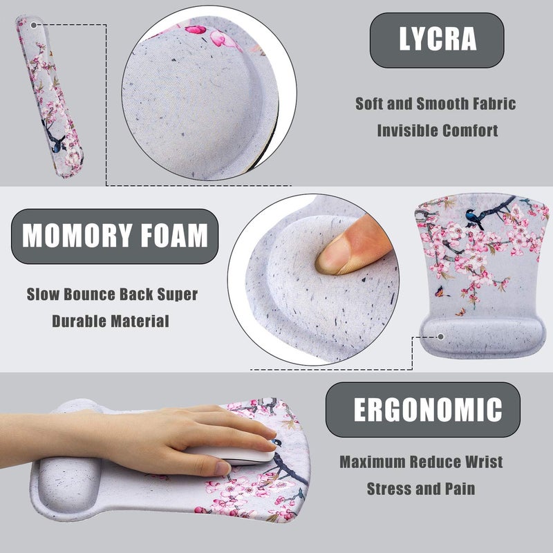 AORTDES Ergonomic Keyboard Mouse Pad Set with Wrist Rest Support, Memory Foam Hand Rest Wrist Cushion Set for Laptop/Notebook/Desktop/Computer/Gaming/Office/Desk, Easy Typing & Pain Relief(Bird & Pink Flower) - Image 3